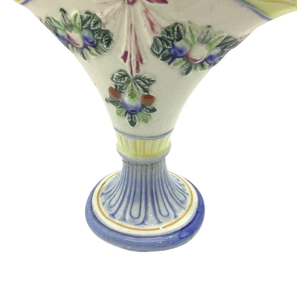 Vintage Maruhon Ware Japan Hand‎ Painted Fan Vase Art Deco Fruit Bow Relief